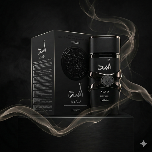 Parfum Asad Elixir de Lattafa mis en valeur dans une ambiance luxueuse et sobre.