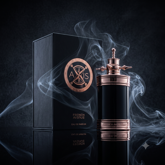 Flacon du parfum Axis de French Avenue mis en valeur dans un décor oriental luxueux, évoquant la noblesse de ses accords boisés et ambrés.