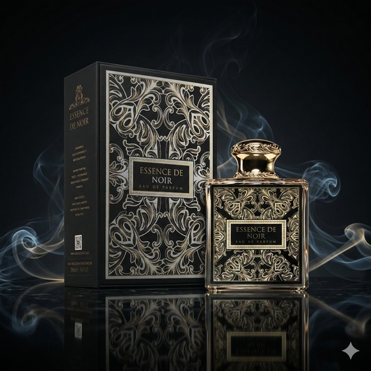 Parfum Essence de Noir de French Avenue mis en scène dans une ambiance luxueuse et sombre.