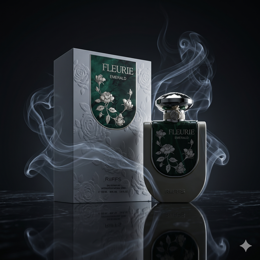 Parfum Emerald Green de Riiffs mis en valeur dans une ambiance luxueuse et sobre.