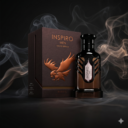 Parfum Inspiro Men de Riiffs mis en valeur dans une ambiance luxueuse et sobre.