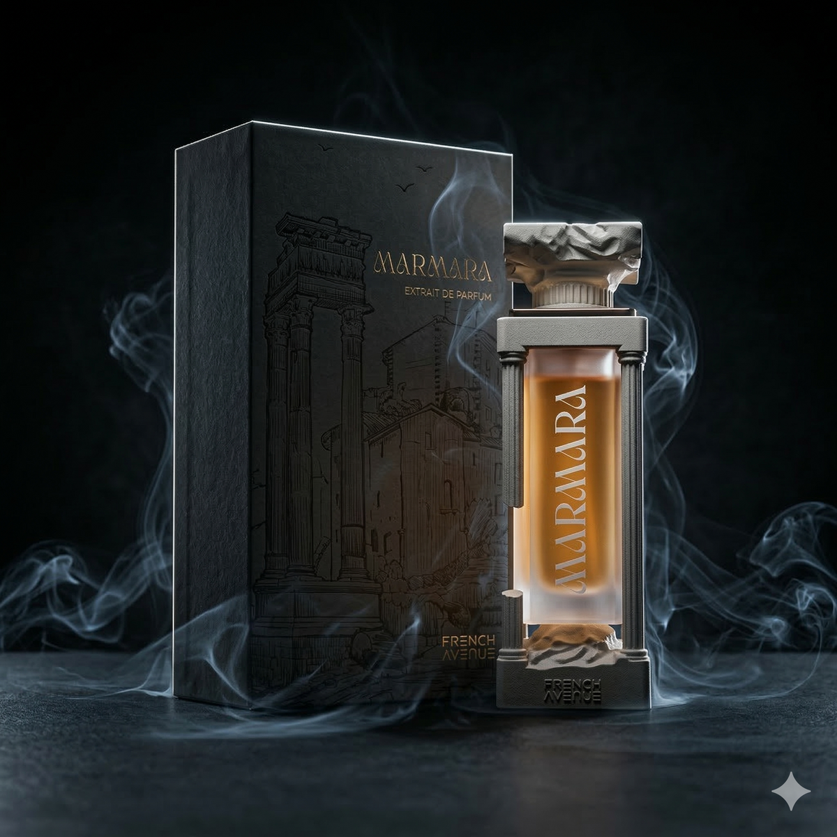 Parfum Marmara de French Avenue mis en valeur dans une ambiance sobre et raffinée.