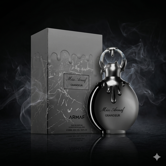Parfum Miss Armaf Grandeur d'Armaf présenté dans une ambiance luxueuse et épurée.