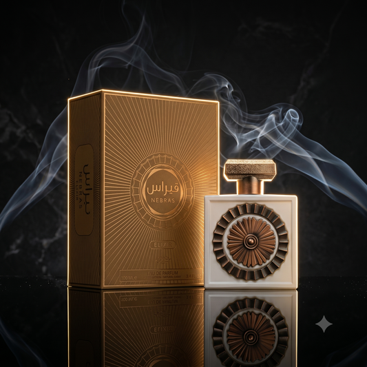 Parfum Nebras Elixir de Lattafa mis en valeur dans une ambiance luxueuse et sobre.
