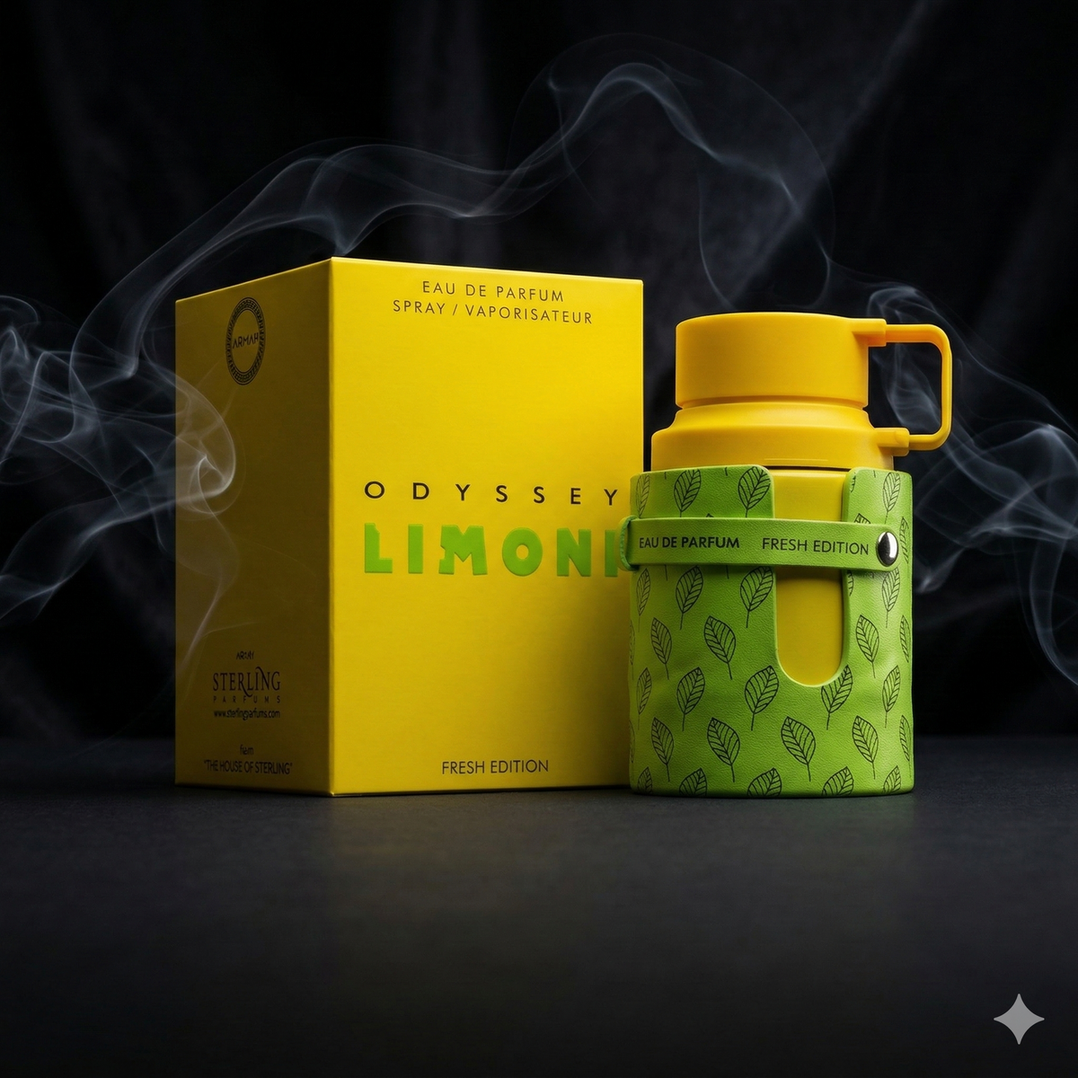 Parfum Odyssey Limoni Fresh d'Armaf mis en valeur dans une ambiance lumineuse et sobre.