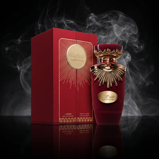 Parfum oriental Sakeena de Lattafa dans son écrin chez NEWREINE Lyon.