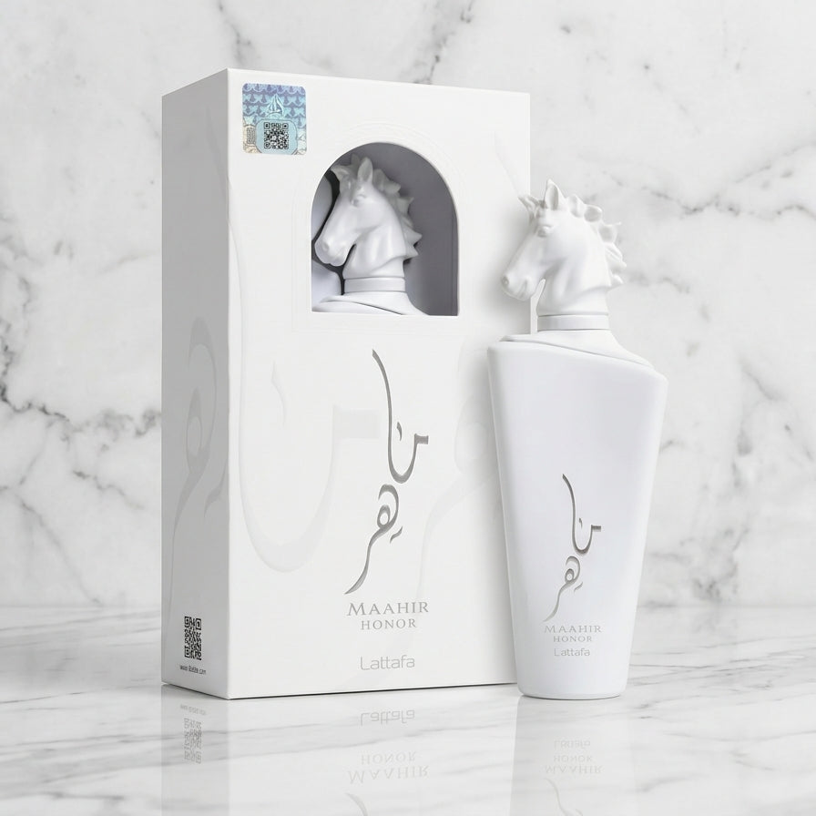 Flacon blanc Maahir Honor Eau de Parfum Lattafa chez NEWREINE Lyon.