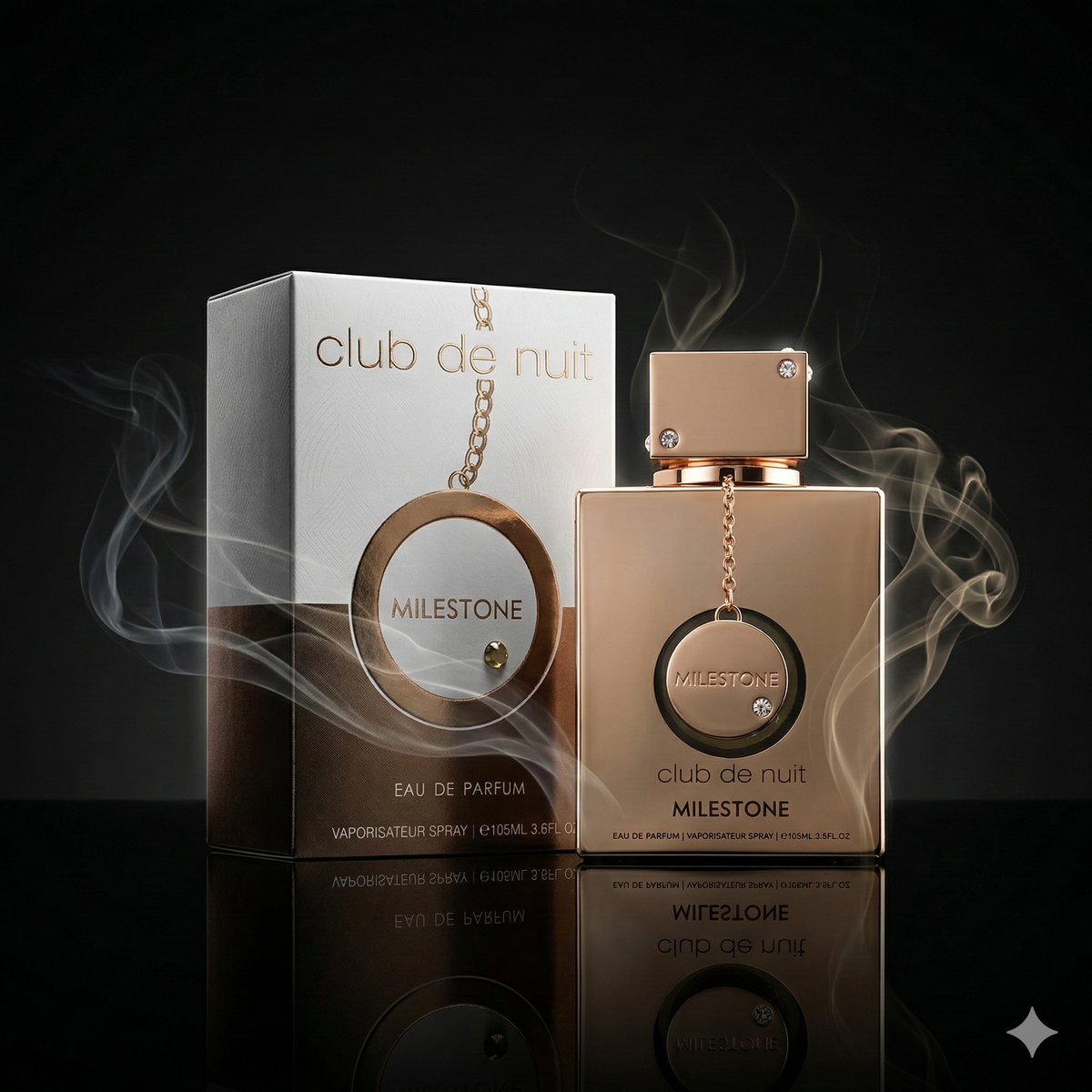 Parfum Club de Nuit Milestone d'Armaf mis en valeur dans une ambiance luxueuse et sobre.