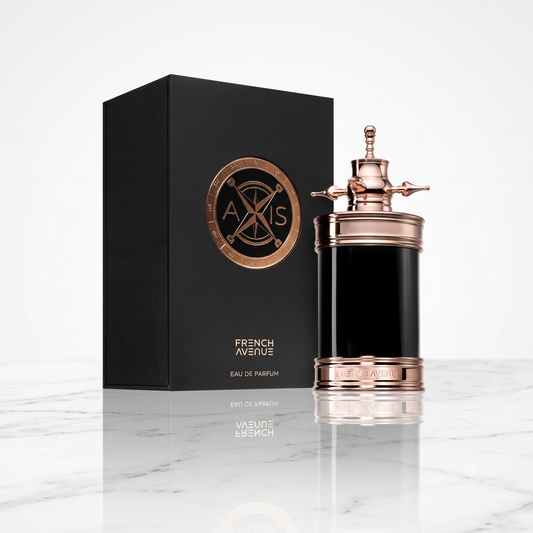 Flacon luxueux de l'eau de parfum Axis par la maison French Avenue, présenté de face sur un fond sobre et épuré