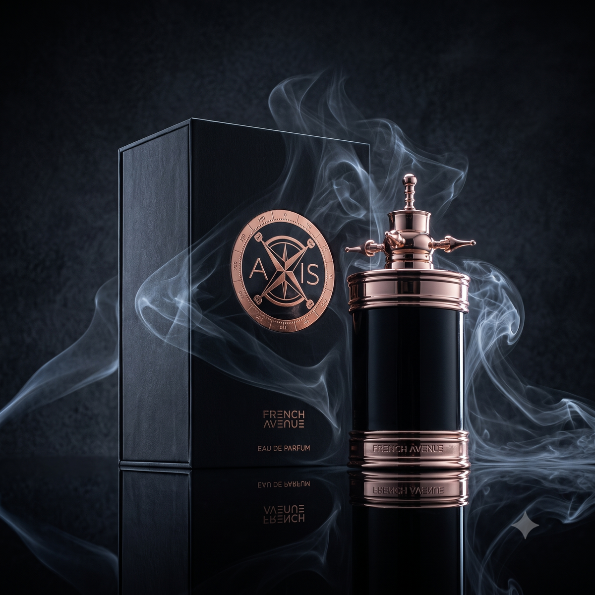 Flacon du parfum Axis de French Avenue mis en valeur dans un décor oriental luxueux, évoquant la noblesse de ses accords boisés et ambrés.