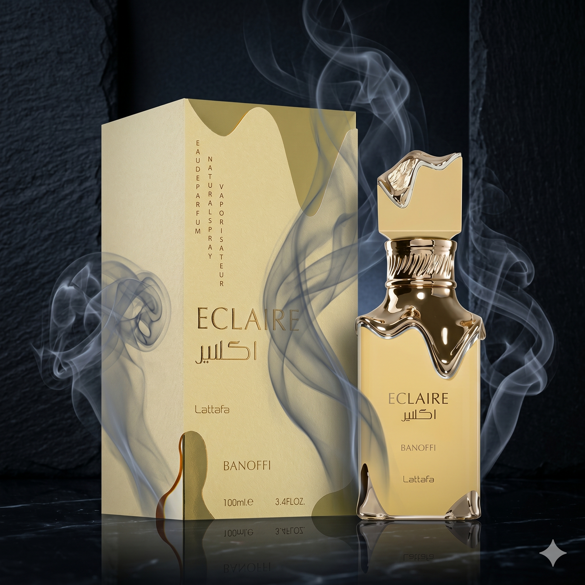 Parfum Eclaire Banoffi de Lattafa mis en valeur dans une ambiance luxueuse et sobre.