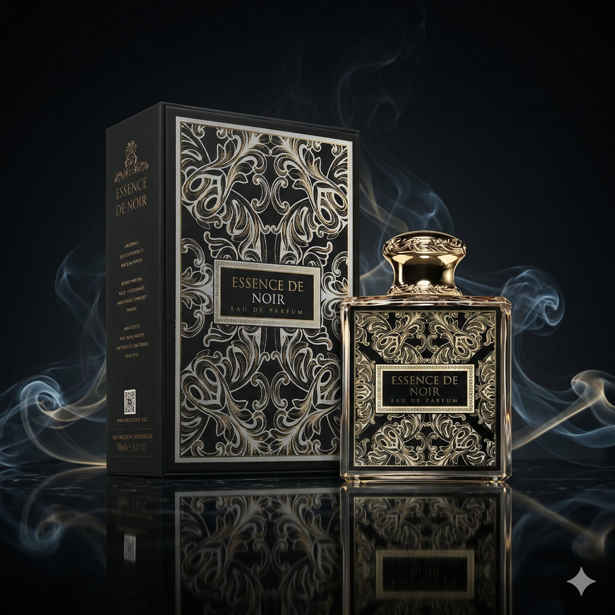 Parfum Essence de Noir de French Avenue mis en scène dans une ambiance luxueuse et sombre.