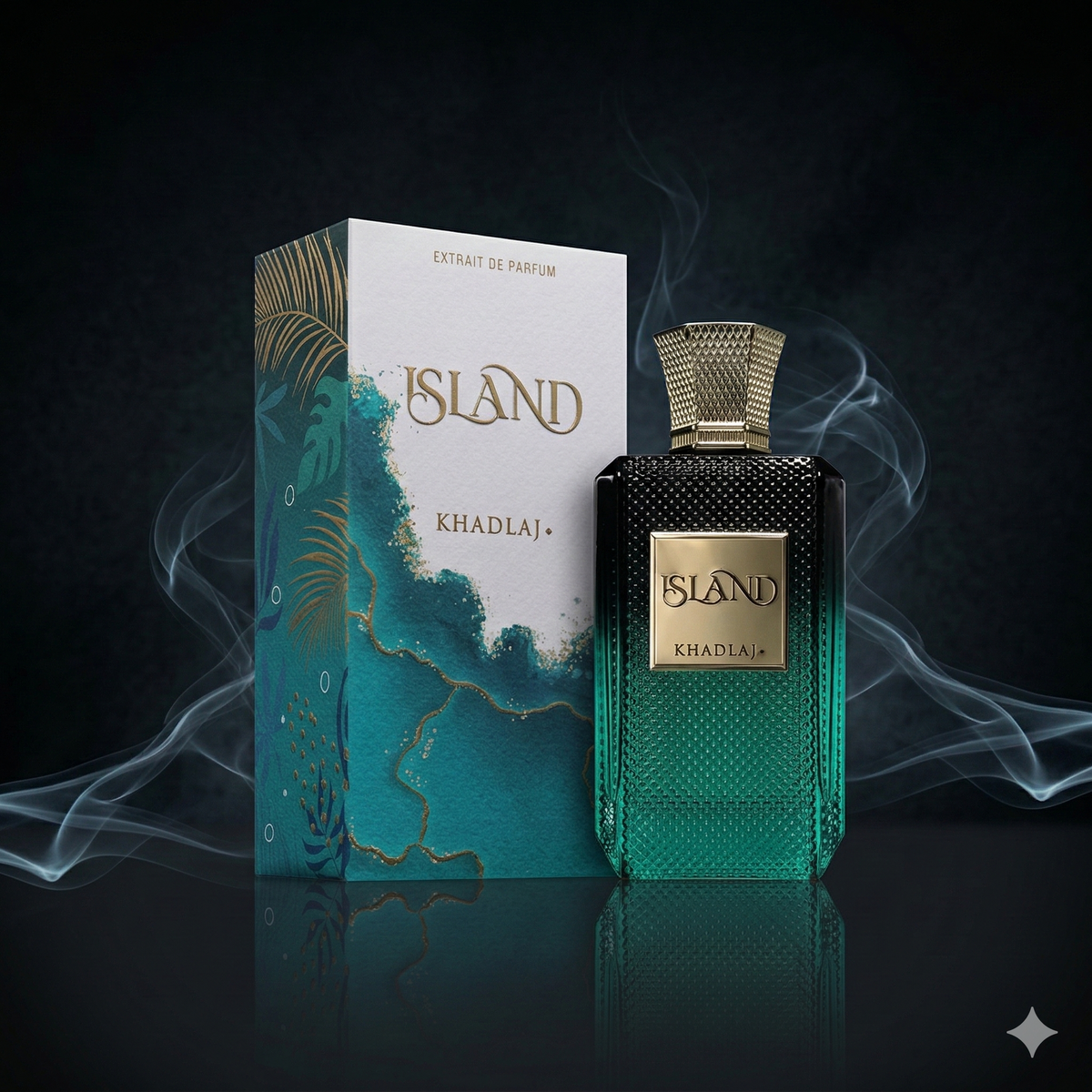 Parfum Island de Khadlaj Parfums mis en scène dans une ambiance luxueuse et sobre.