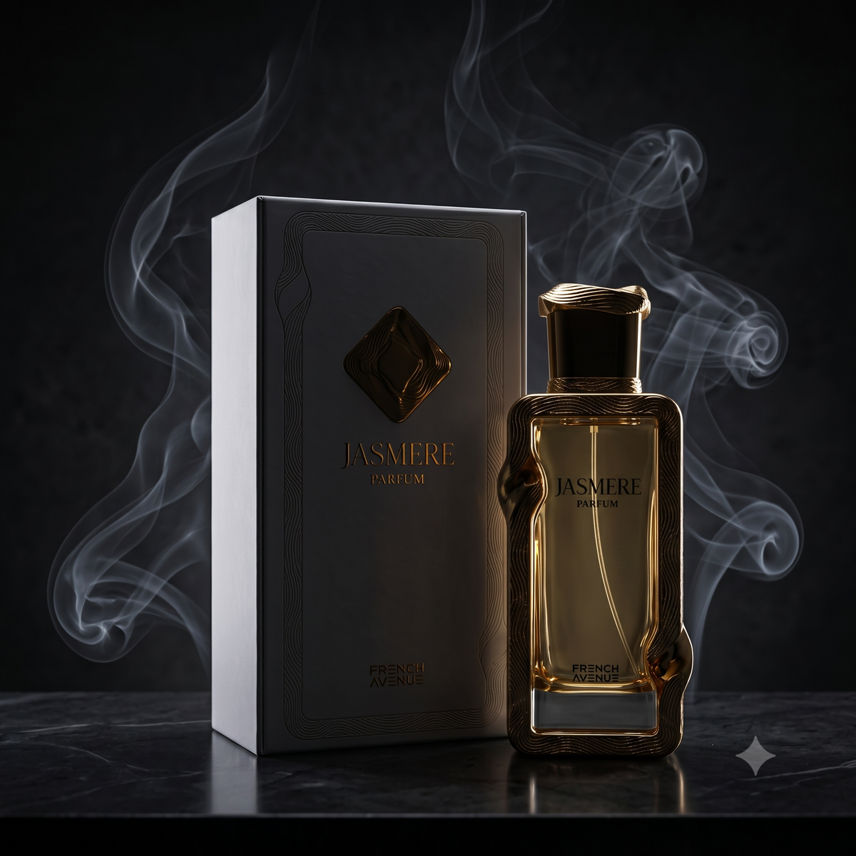 Parfum Jasmere de French Avenue mis en valeur dans une ambiance lumineuse et sobre.