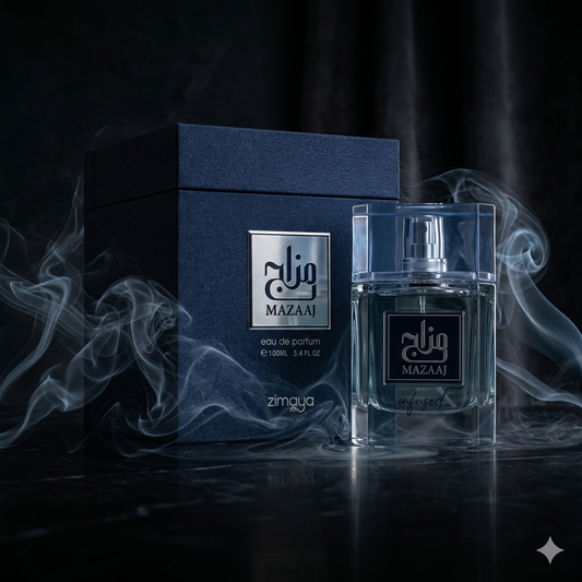 Parfum Mazaaj Infused de Zimaya mis en valeur dans une ambiance luxueuse et sobre.
