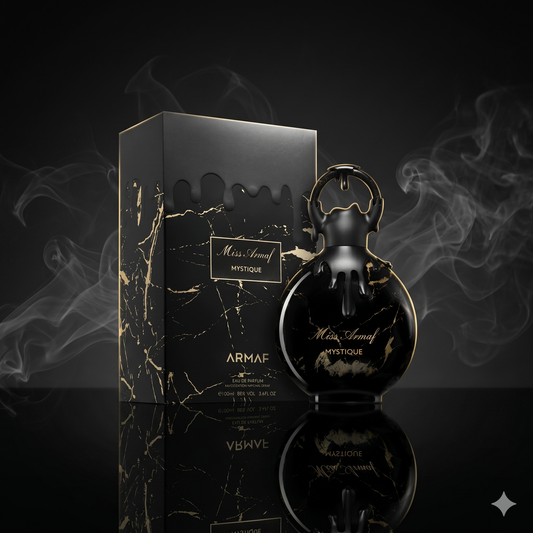 Parfum Miss Armaf Mystique d'Armaf mis en valeur dans une ambiance luxueuse et sobre.