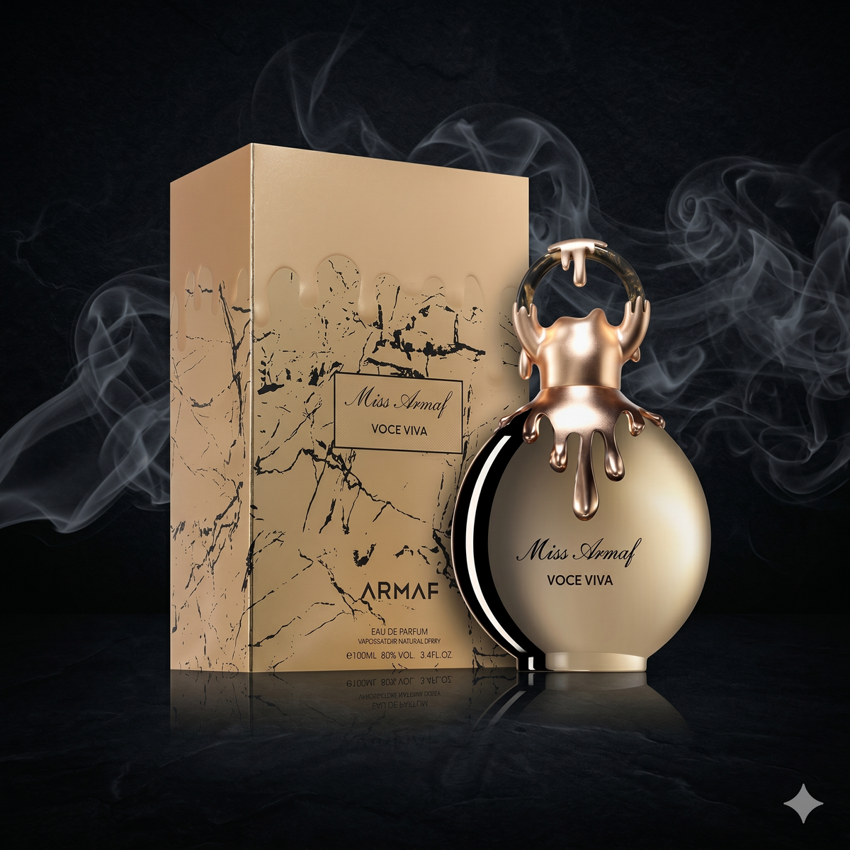 Parfum Miss Armaf Voce Viva d'Armaf présenté dans un décor luxueux et sobre.