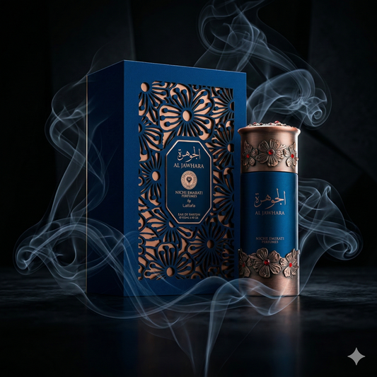 Parfum Al Jawhara de Niche Emarati mis en scène dans une ambiance luxueuse et sobre.