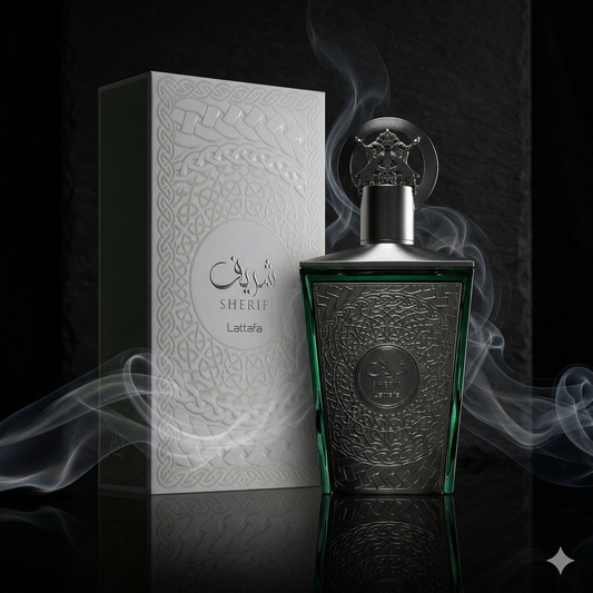 Parfum Sherif de Lattafa mis en valeur dans une ambiance luxueuse et sobre.