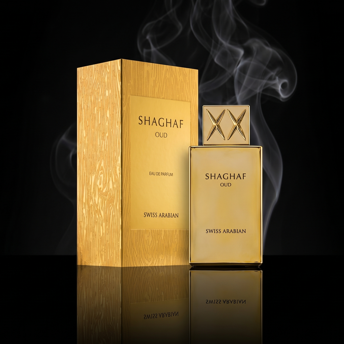 Eau de parfum unisexe Shaghaf Oud Swiss Arabian présentée dans une ambiance orientale raffinée