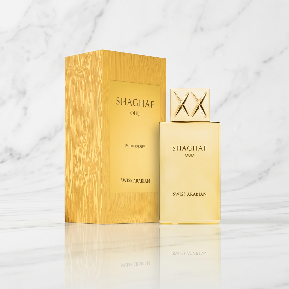 Flacon doré de parfum Swiss Arabian Shaghaf Oud Eau de Parfum 75ml NEWREINE Lyon