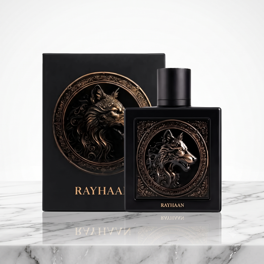 Flacon sombre du parfum Wolf de Rayhaan, élixir de haute
